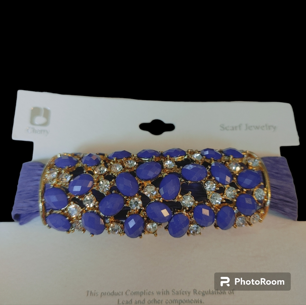 Gold, Blue & Crystal Rhinestone Scarf Slide - Picture 2 of 6